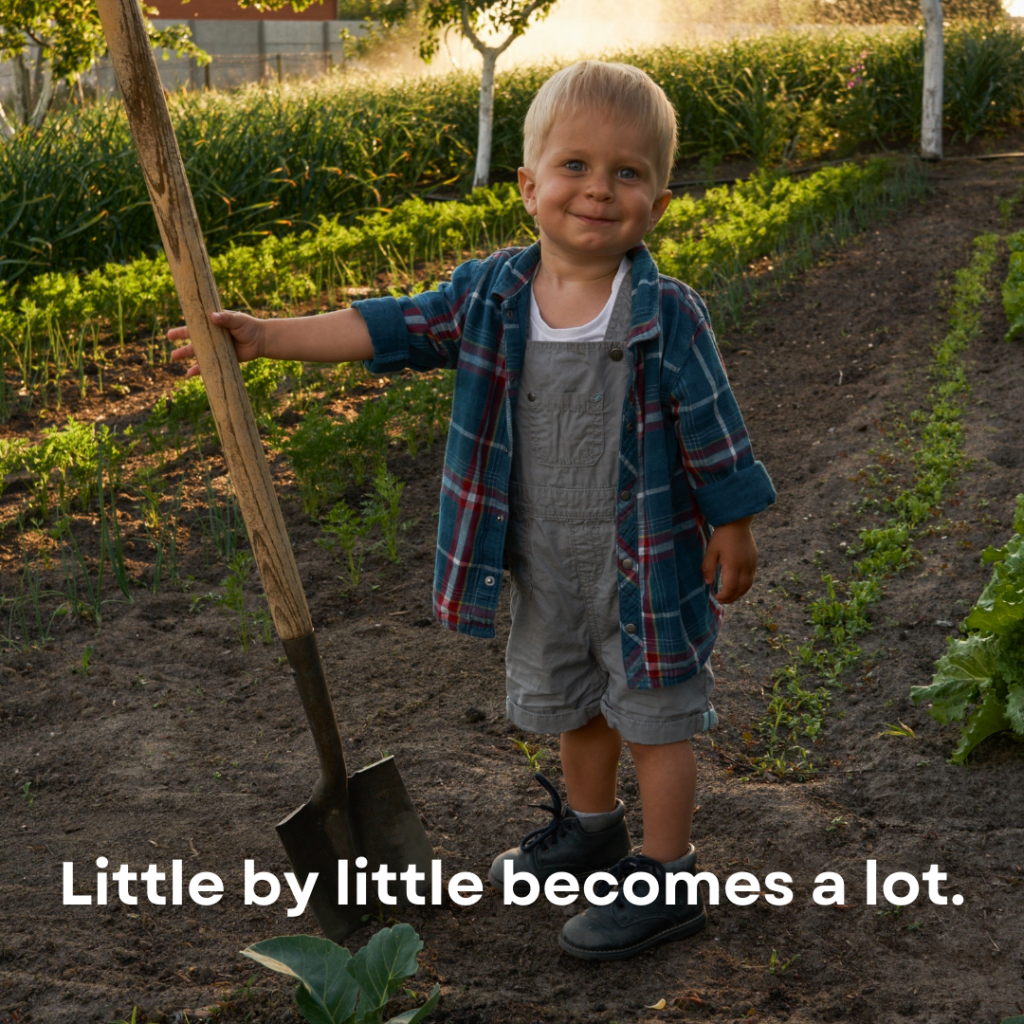 a small child digging in a garden with the quote "Little by little becomes a lot."